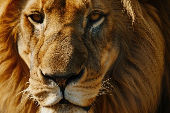 A close-up view of a lion's face with a blurry background. This image captures the detailed features of the lion's face, including its majestic mane and intense gaze.