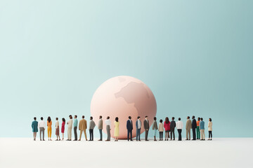 Human figures standing in front of world globe map, cute human puppet figures near the globe, world multicultural and multi ethnic population wallpaper concept in a minimalist copy space background - obrazy, fototapety, plakaty