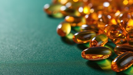 Shiny golden fish oil capsules on a teal background