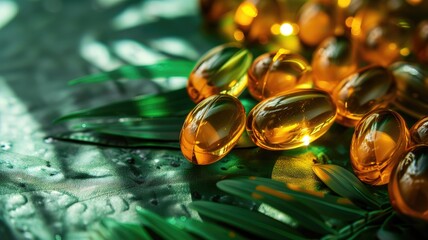 Omega-3 capsules scattered on a green leafy surface - obrazy, fototapety, plakaty