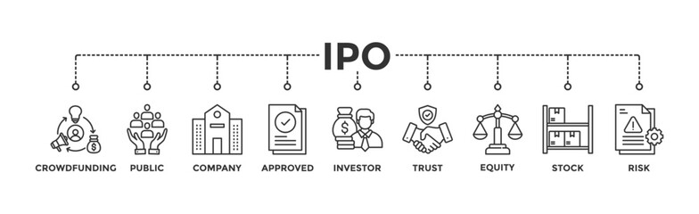IPO banner web icon vector illustration concept of initial public offering with icon of crowdfunding, public company, approved, investor, trust, equity, stock and risk