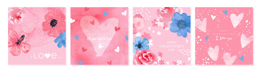 Set of beautiful valentine's day cards with watercolor flowers and hearts.Vector illustration for postcards,posters, coupons, promotional material