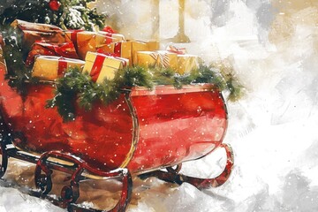 A painting of a red sleigh filled with presents. Perfect for holiday and Christmas-themed designs - obrazy, fototapety, plakaty