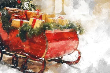 Fotobehang A painting of a red sleigh filled with presents. Perfect for holiday and Christmas-themed designs © Fotograf
