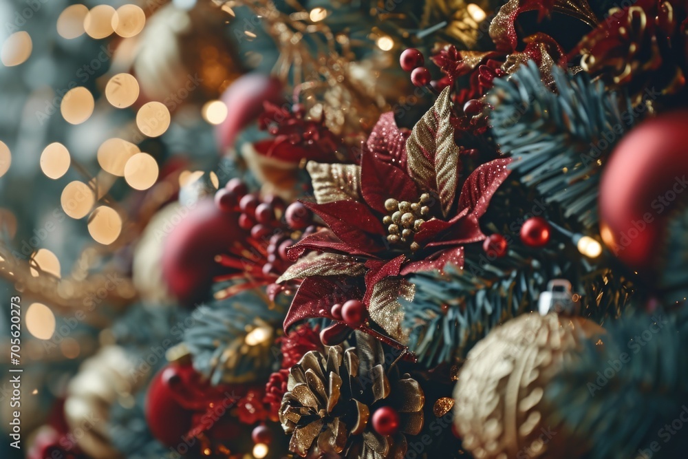 Poster A close-up view of a beautifully decorated Christmas tree with twinkling lights in the background. Perfect for adding a festive touch to any holiday-related project or advertisement