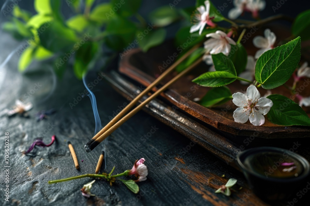 Poster a wooden tray adorned with incense sticks and flowers. perfect for creating a calming and aromatic a