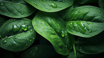 Vibrant green spinach leaves with water droplets, macro shot emphasizing texture and freshness
