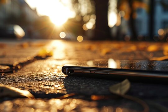 A cell phone is pictured on the ground, illuminated by the sun. This image can be used to depict a lost or abandoned phone or to illustrate the concept of technology in nature