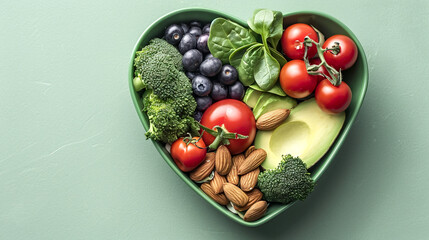 Nutritious Superfoods in Heart Bowl Healthy Eating Concept - obrazy, fototapety, plakaty