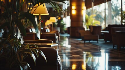 A spacious hotel lobby filled with numerous chairs and elegant lamps. Ideal for use in hospitality industry promotions or interior design websites