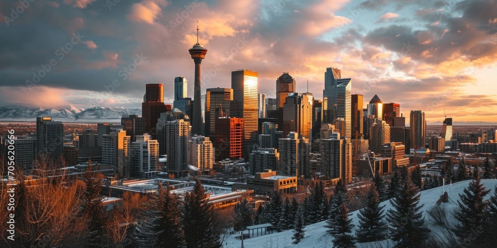 Poster a view of a city with tall buildings in the background. perfect for urban and architectural themes