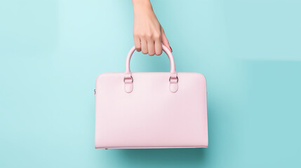 Pink designer bag isolated, Female hands holds handbag on blue background . Flat lay, top view....
