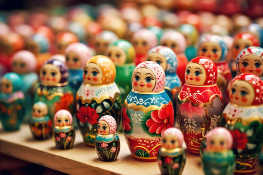 Brightly painted population of wooden Matryoshka or Babuska stacking dolls. Varying sizes. Females faces with red lipstick and rosy cheeks. Girls in traditional floral dresses and scarfs?