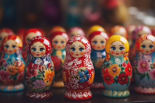 Brightly painted population of wooden Matryoshka or Babuska stacking dolls. Varying sizes. Females faces with red lipstick and rosy cheeks. Girls in traditional floral dresses and scarfs?