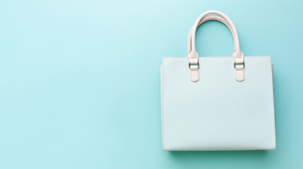 Female hand holding a turquoise clutch on a blue background, Female hands holds handbag on blue background . Flat lay, top view. Spring fashion concept in pastel colored, Ai generated image - obrazy, fototapety, plakaty