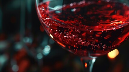A close-up view of a glass filled with red wine. Perfect for wine enthusiasts or restaurant promotions - obrazy, fototapety, plakaty