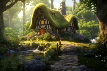 Tranquil Forest little cottage. Wood grass garden. Generate Ai