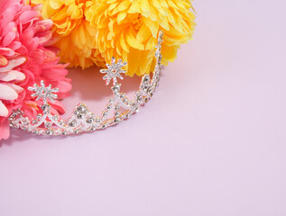 Shiny expensive tiara on table. Beautiful jewelry for an elegant look. Copy space for text....