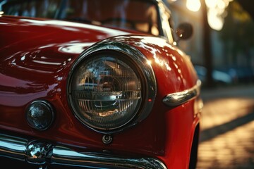 A close-up view of the front of a red car. Can be used for automotive industry promotions or car-related articles