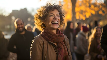 Obraz premium Person Laughing Joyfully in Front of a Crowd