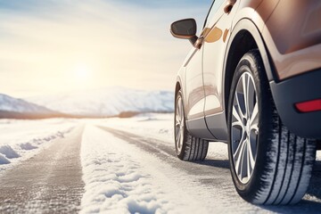 Fototapeta na wymiar Modern car leaves trace of tire tracks on winter highway. Luxurious vehicle navigates snowy terrain with ease against snow-covered mountains