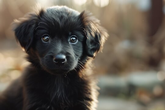 A cute black puppy staring directly at the camera. Perfect for pet-related projects or animal-themed designs