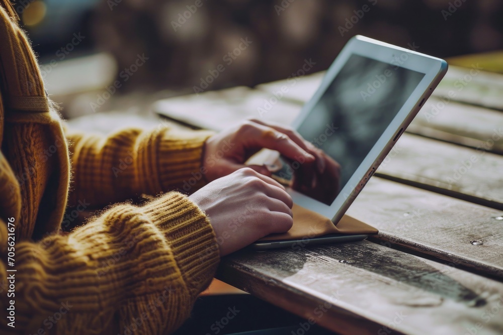 Poster a person sitting at a table using a laptop. suitable for illustrating work, technology, and producti