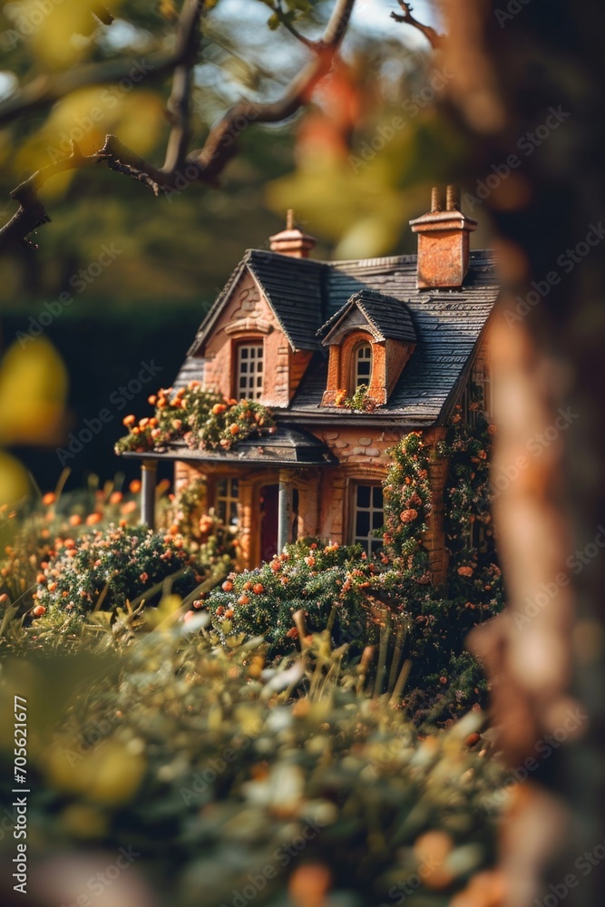 Poster A charming miniature house situated in the center of a beautiful garden. Ideal for adding a touch of whimsy and creativity to any project