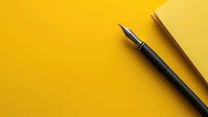 Fotobehang Fountain pen next to a notebook on a yellow background © Artyom