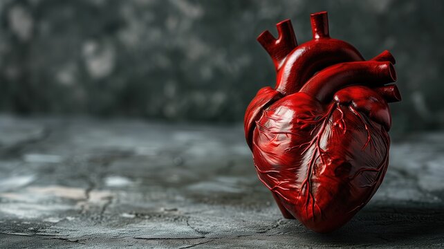 Realistic human heart model on a dark textured background