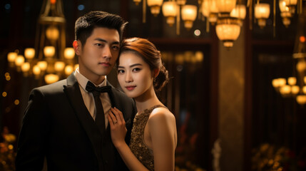 Chinese rich couple dressed in formal attire, men's black suit, woman's evening dress, standing at a fancy banquet venue in the evening