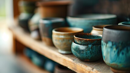 Handcrafted pottery displayed on wooden shelves