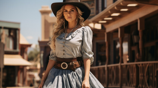 Woman of the wild west wearing a dress in a western cowboy town