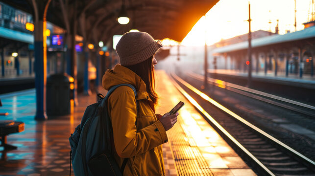 Young woman standing on the platform of a train station consulting the mobile phone