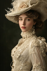 Portrait of an elegant lady wearing Edwardian inspired gown and jewelry, costume drama style