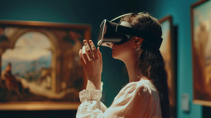 Young woman wearing a virtual reality headset using it to visualize a museum art gallery with paintings, virtual museum tour concept - obrazy, fototapety, plakaty