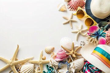 Naklejka premium Border of beach accessories and toys scattered on a white background.