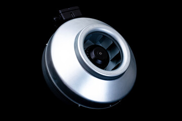 duct round electric fan close-up on a black isolated background