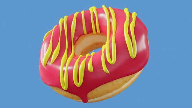 Chocolate glazed donut with sprinkles rotating on a grey background. 3d render and illustration of pastry and confectionery