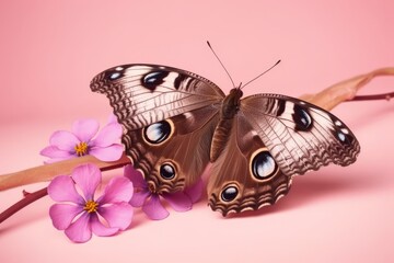 Beautiful colorful morpho butterfly on a flower on a pink background. Generative AI