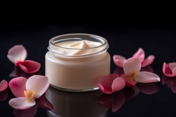 Beauty cream jar and flower petals. Generative AIv