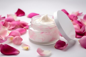 Pink rose petals and cosmetic cream. Generative AI