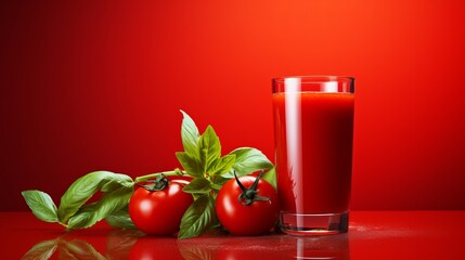Tomato juice in glass on wooden table with red background, perfect for a refreshing drink