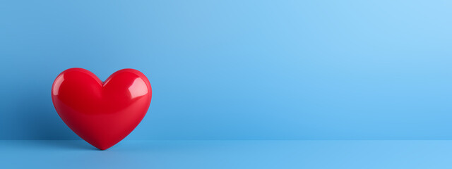 3D Red Heart on a clean blue background banner style with copy space. Horizontal banner. Ideal for valentine's day or other holidays. Minimal clean design. Love concept.