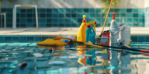Swimming Pool Maintenance Concept. Pool Opening and Closing, Skimmer replacement, Leak repair, Plumbing, Drain, Clean. - obrazy, fototapety, plakaty