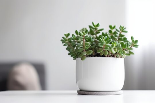 Beautiful Crassula ovata, succulent plant in a modern flower pot on a white table on a light background. Generative AI