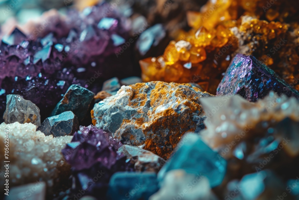 Poster A close-up view of a bunch of crystals. Ideal for use in jewelry making or as a decorative element.