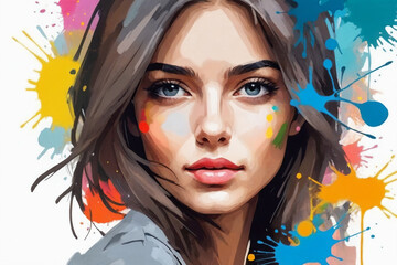 An abstract painting illustration portrait of a handsome young female person, colorful splashes