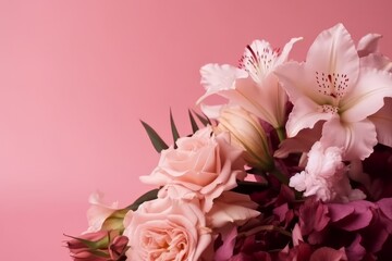 Bouquet of flowers on a delicate pink background with copyspace. Generative AI