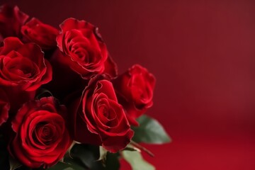 Bouquet of red roses on a red background with copyspace. Generative AI